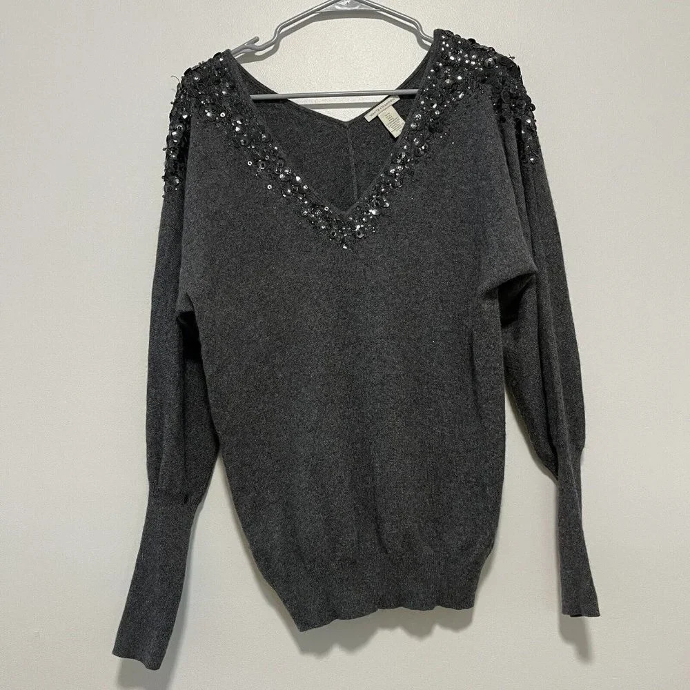 White + Warren Gray Sweater with Black Embellishments